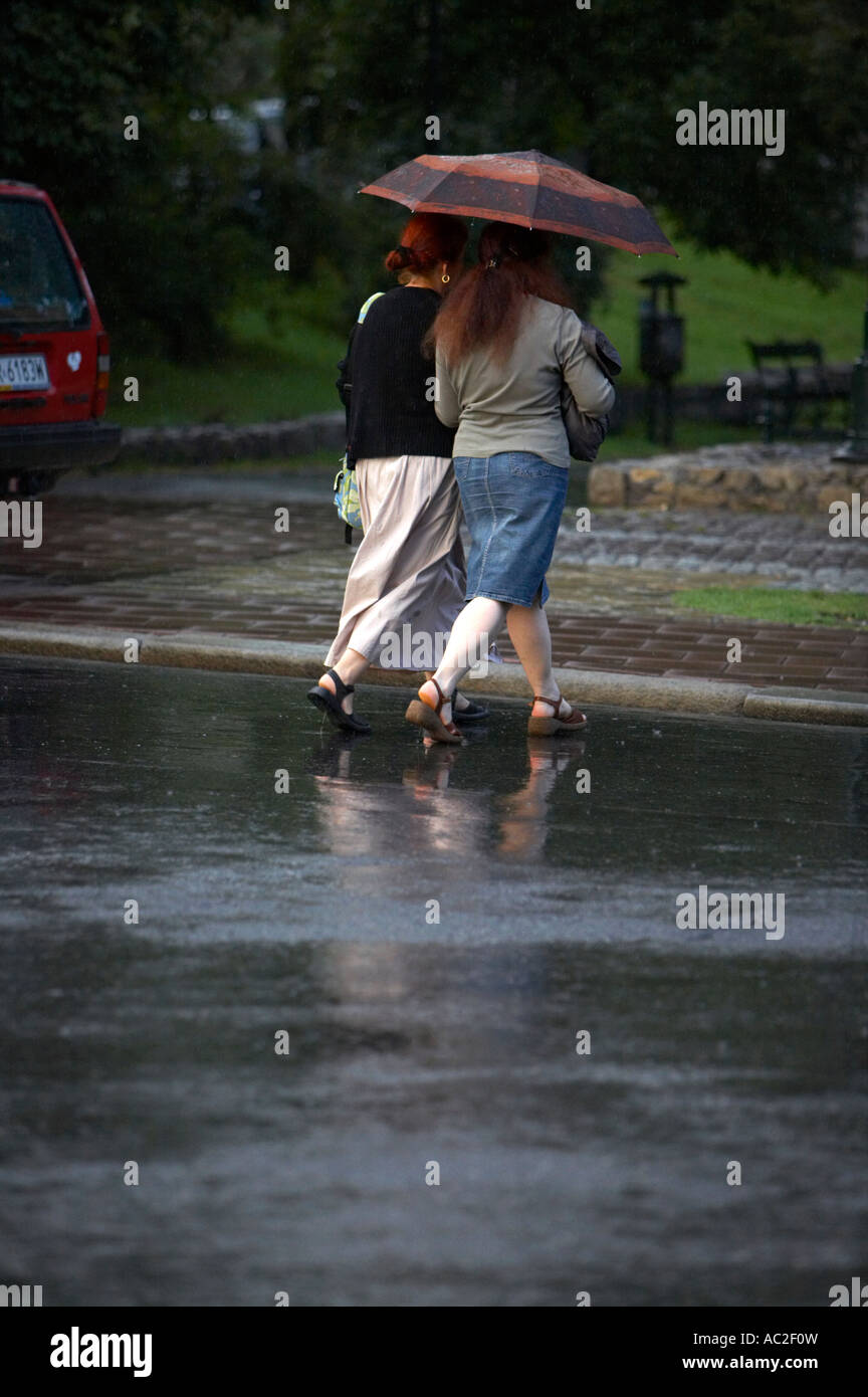 two female friends sharing an umbrella walking across a wet road in the