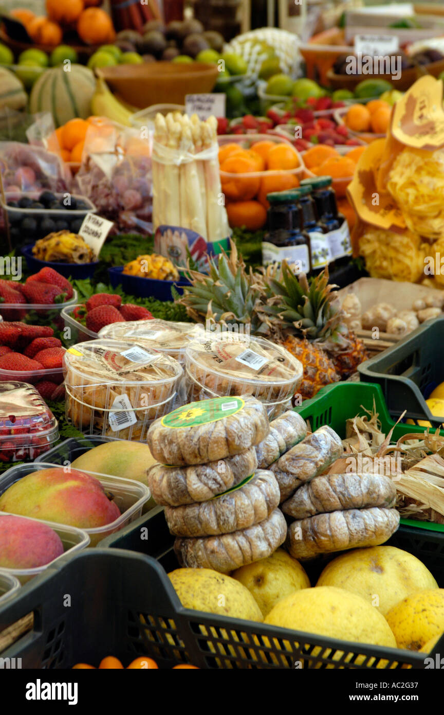 Traditional Italian produce and fresh food on market stall in Piazza Campo de Fiori, Rome, Italy Stock Photo