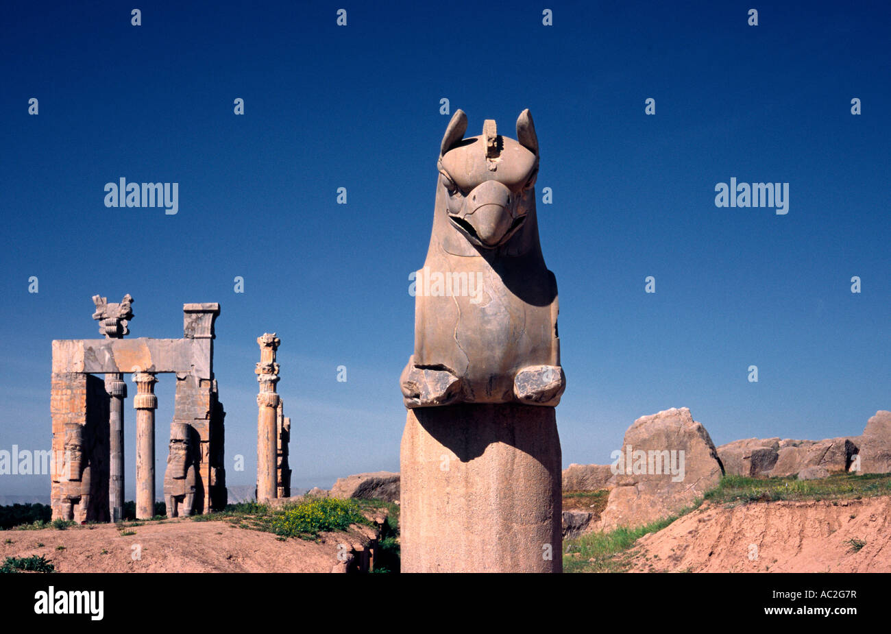 April 14, 2006 - Griffin at the Gate of All Nations, gateway to the ancient ruins of Persepolis near Shiraz in Iran Stock Photo