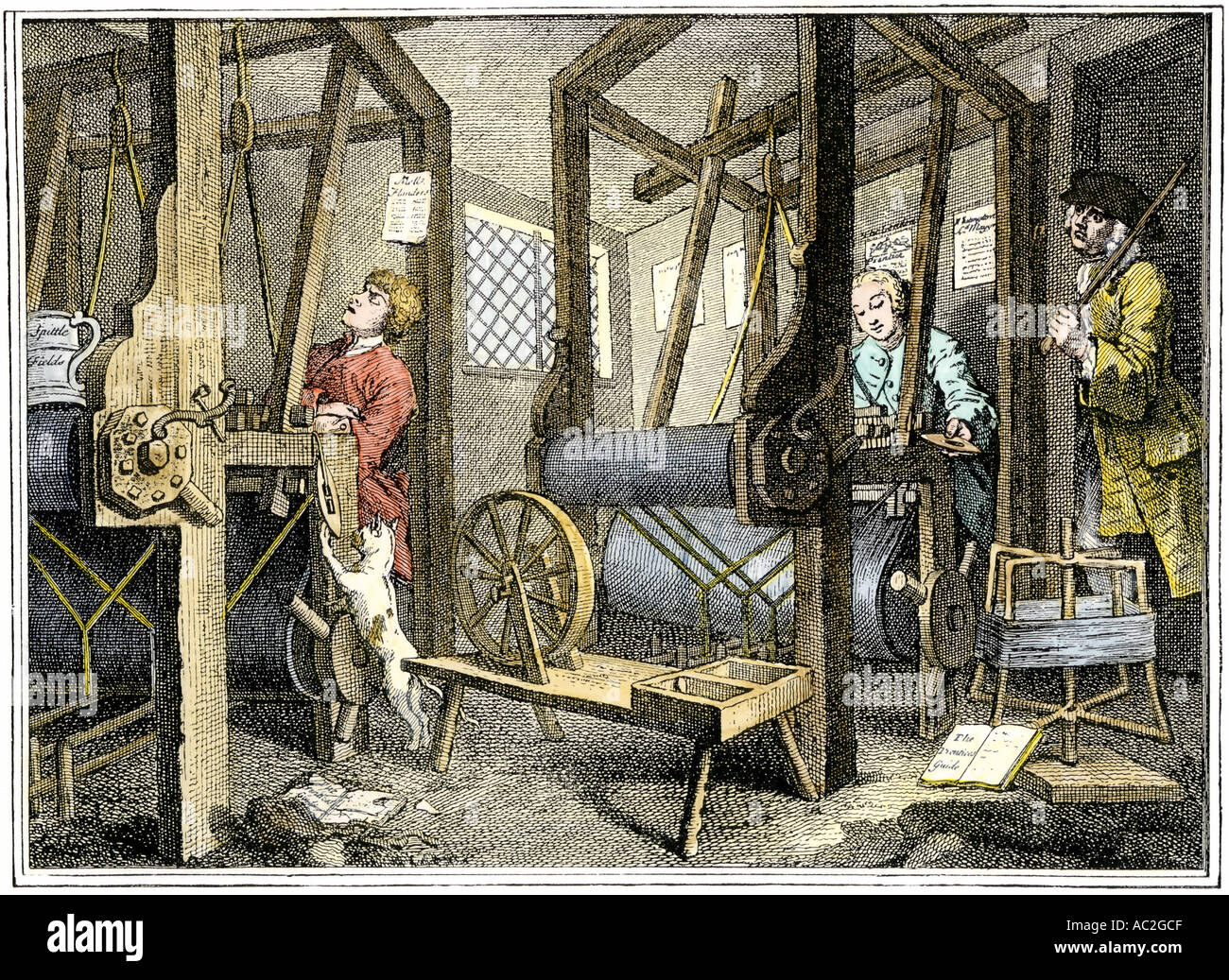Weaving at Spitalfields England 1700s. Hand-colored woodcut of a Hogarth illustration Stock Photo