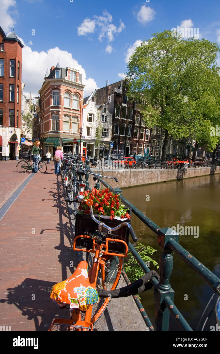 Amsterdam Single Gracht bicycle with tulips Stock Photo