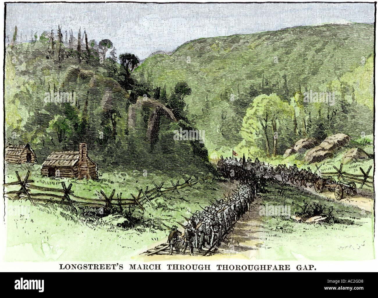 General James Longstreet marching into Thoroughfare Gap to reinforce Confederates at the second Battle of Bull Run 1862. Hand-colored woodcut Stock Photo