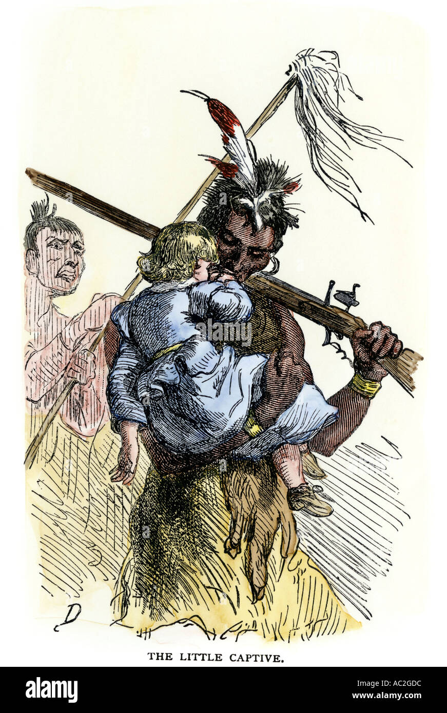 White child carried away during Native American conflict with settlers. Hand-colored woodcut Stock Photo