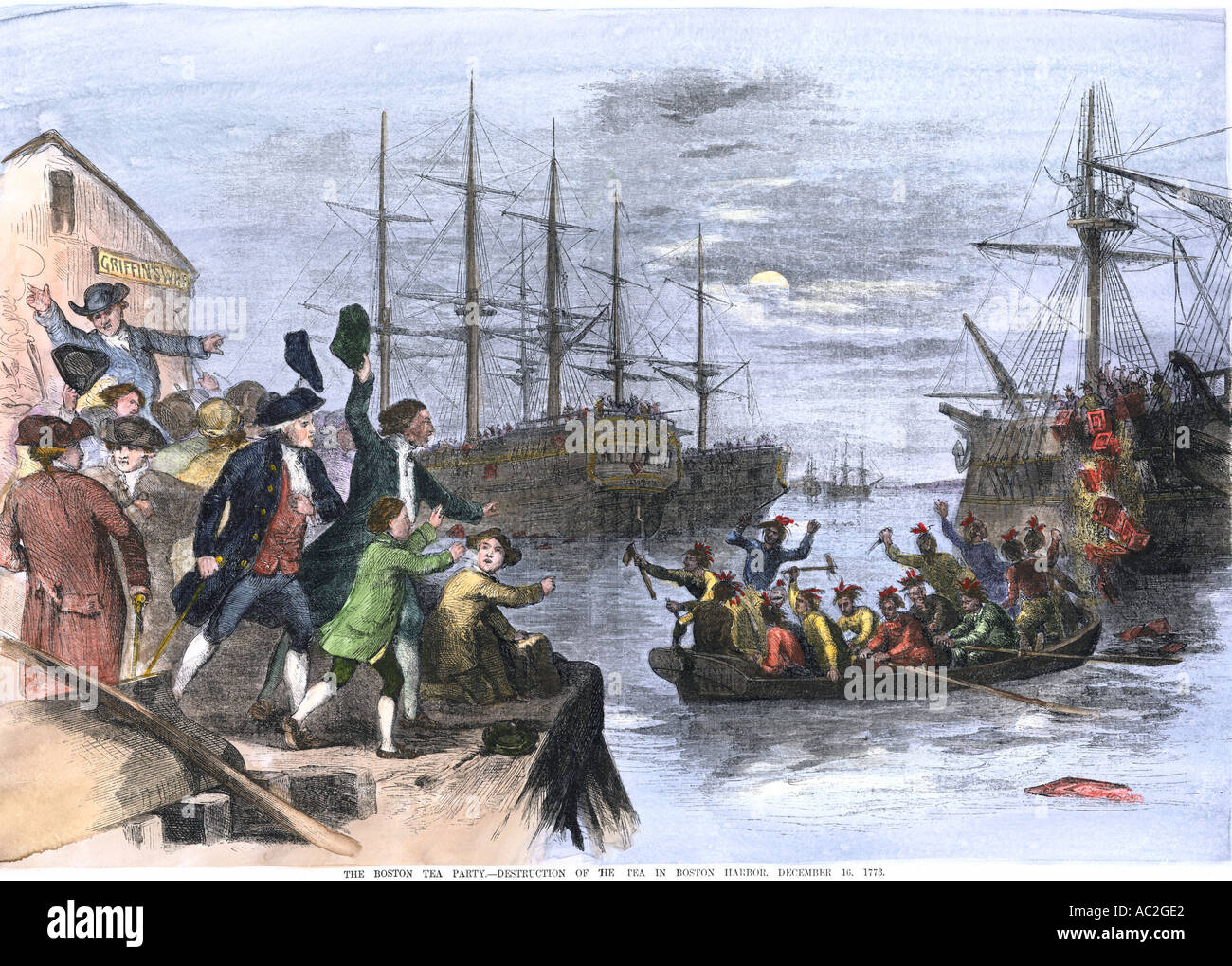 Colonials destroying British cargo of tea in the Boston Tea Party December 1773 known as the Boston Tea Party. Hand-colored woodcut Stock Photo