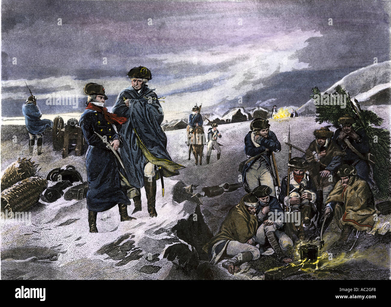 General George Washington and Lafayette in the cold at Valley Forge winter camp during the American Revolution. Hand-colored steel engraving Stock Photo