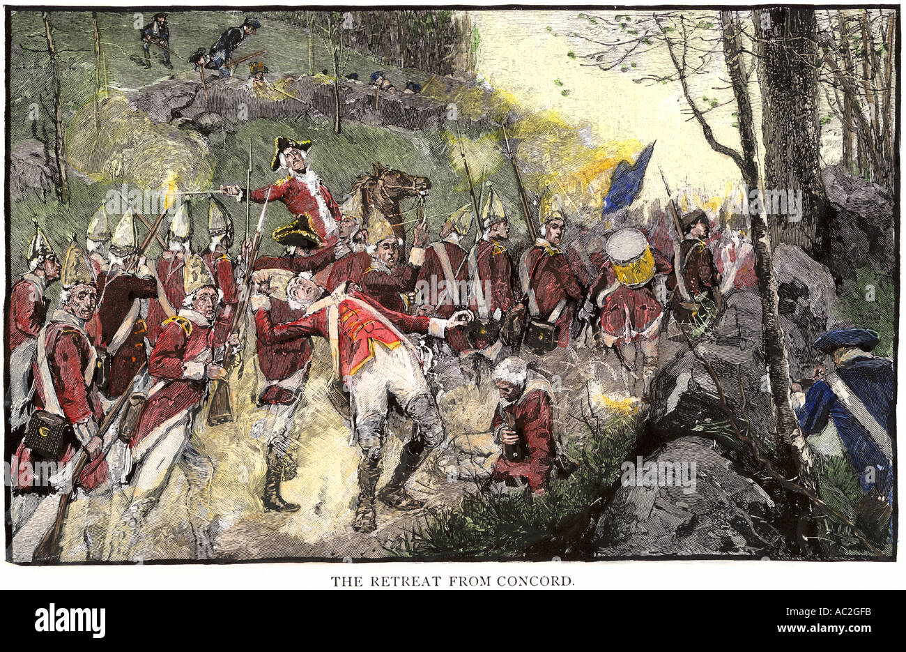 British army retreating from Battle of Concord under fire from colonial Minutemen in ambush 1775. Hand-colored woodcut of a Howard Pyle illustration Stock Photo