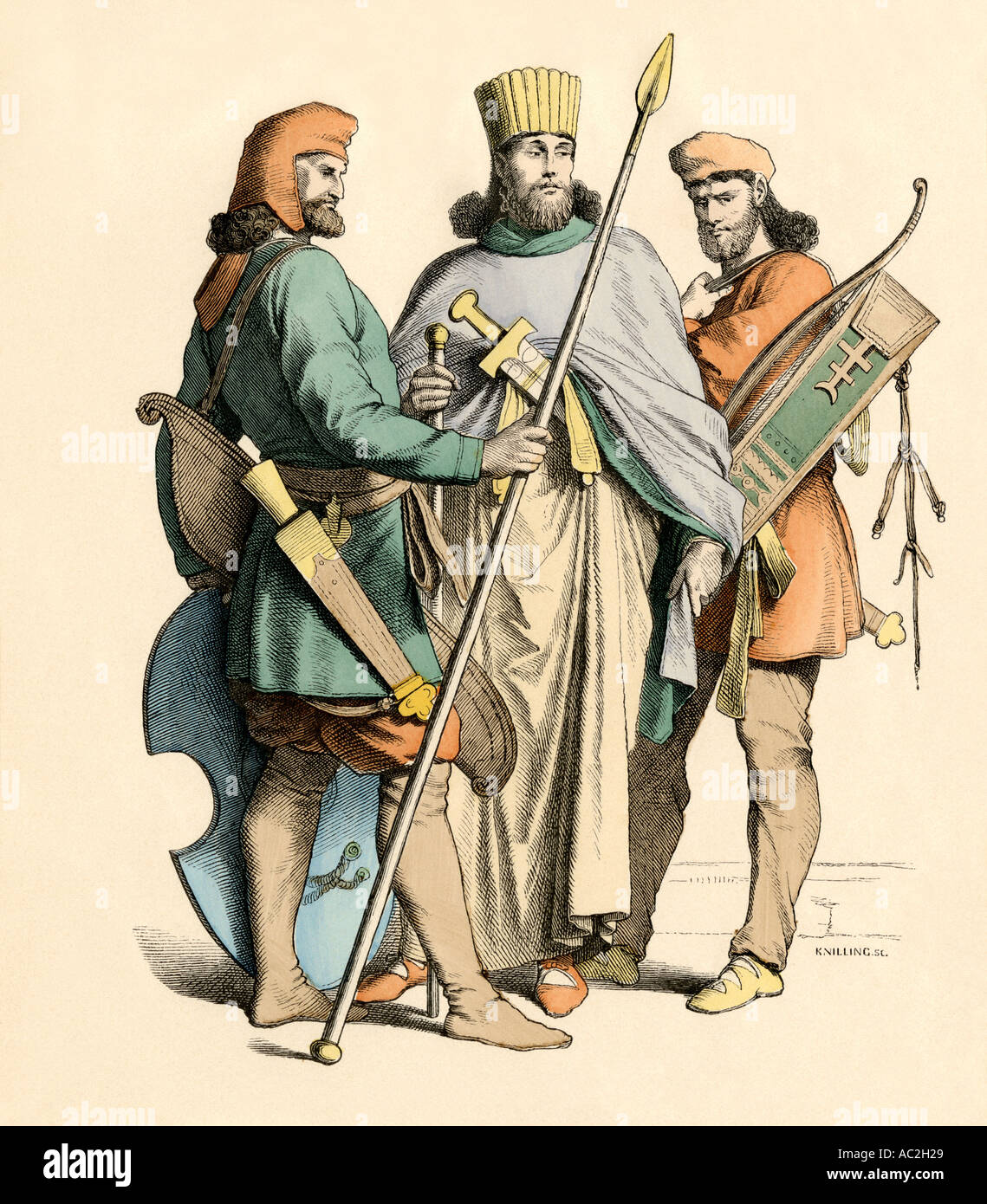 Ancient Persian king with his bodyguards a soldier and an archer. Hand-colored print Stock Photo