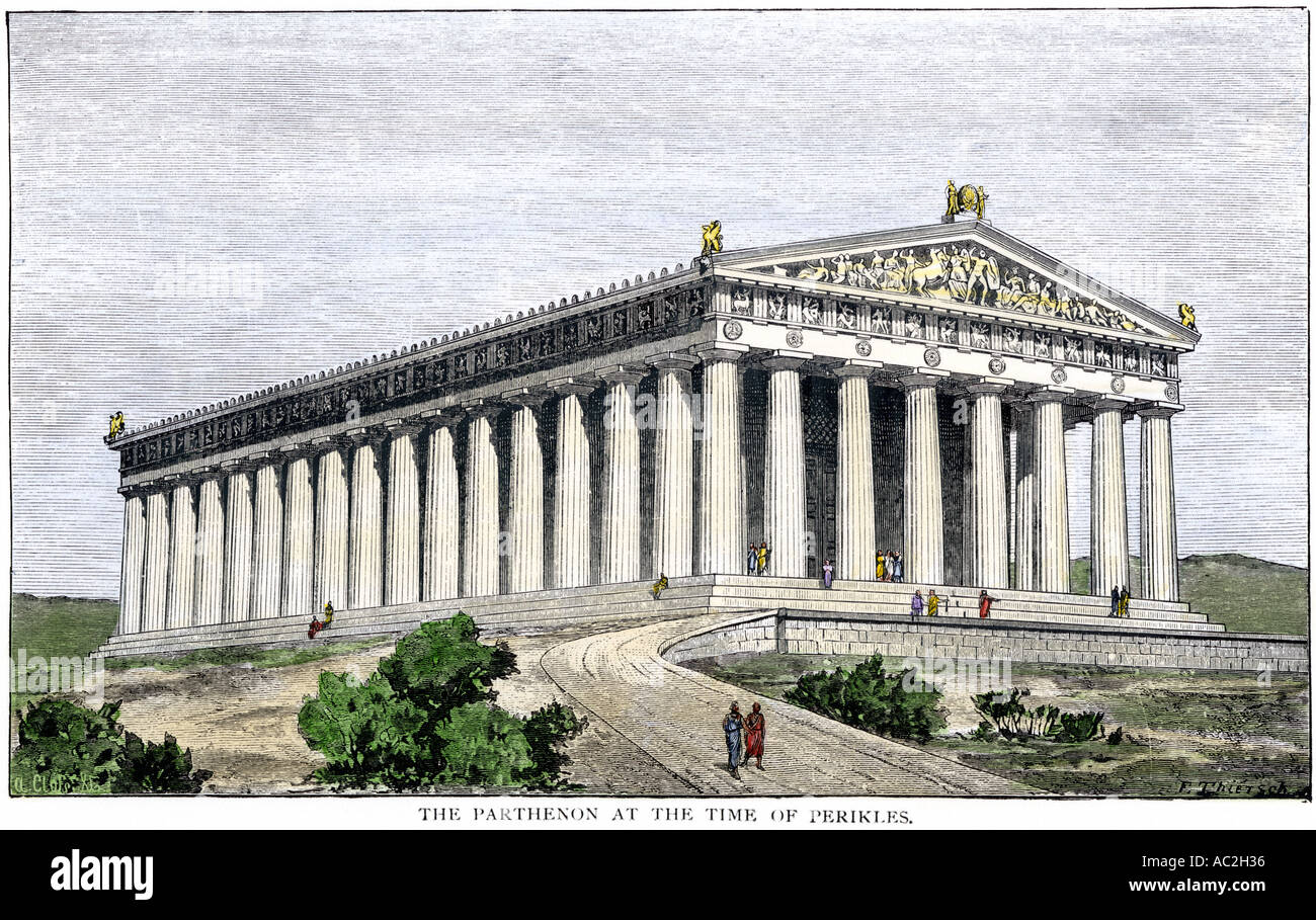 Parthenon at the height of Athens power 400s BC. Hand-colored woodcut Stock Photo