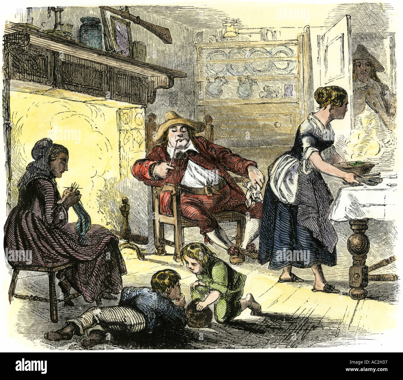 Dutch family at home in New Netherland now New York. Hand-colored woodcut  Stock Photo - Alamy