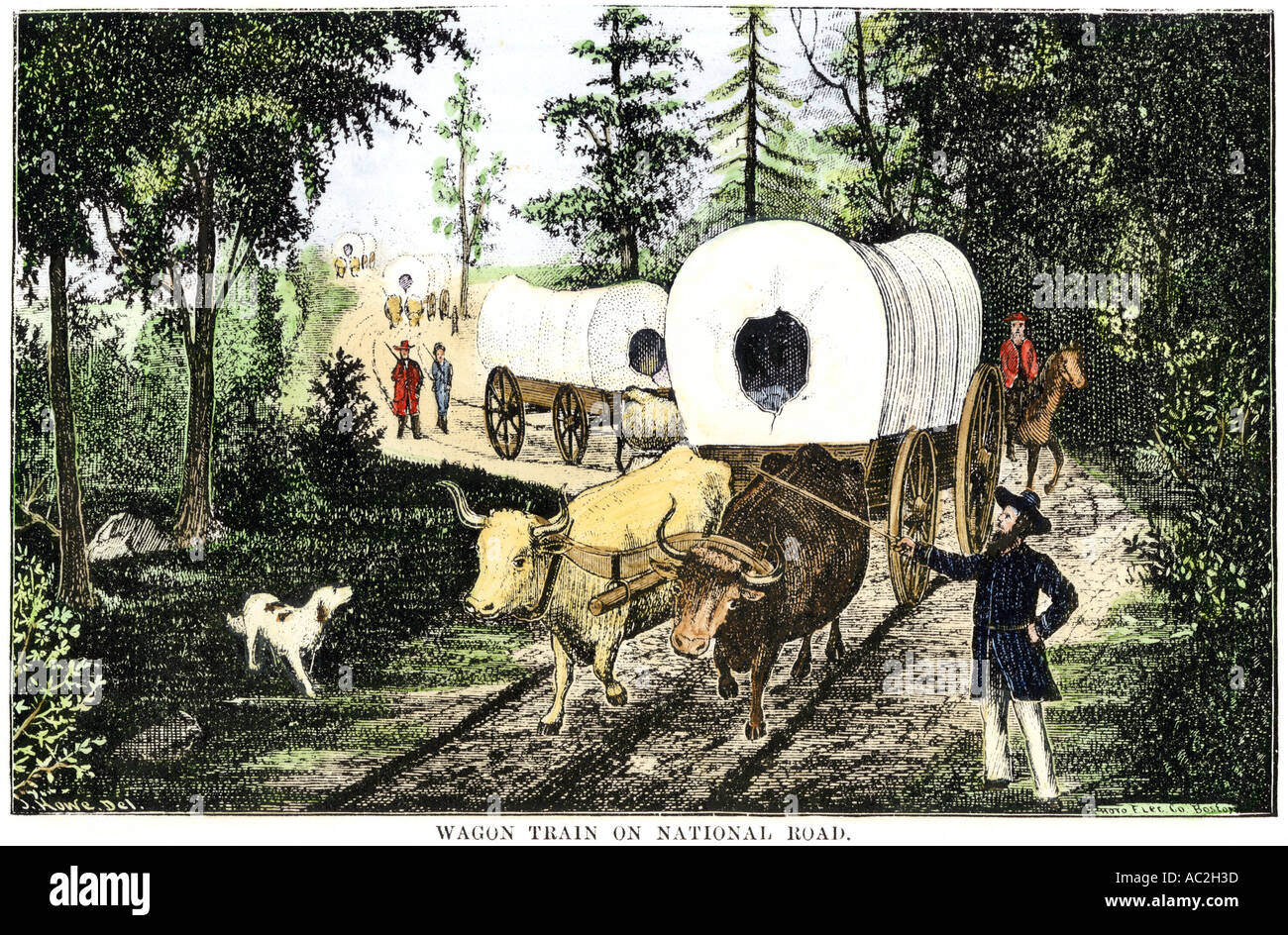 Wagon train on the National Road early 1800s. Hand-colored woodcut Stock Photo