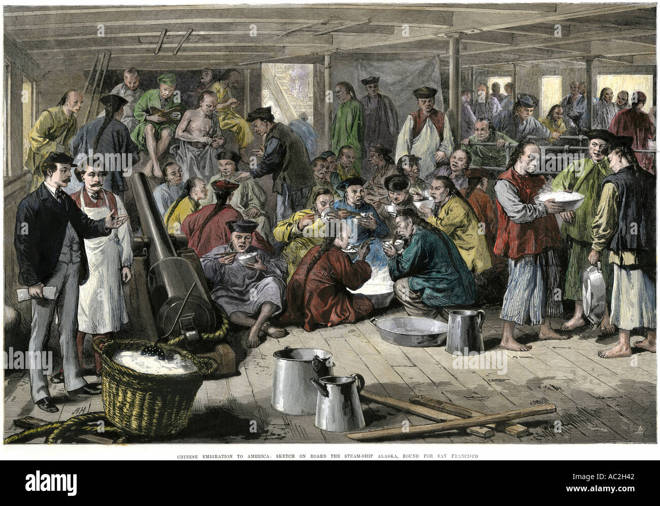 Chinese immigrants aboard Pacific Mail steamship bound for San Francisco 1870s. Hand-colored woodcut Stock Photo