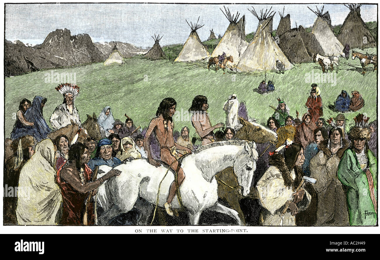 Native American boys nearing the start point for a horse race northern Rocky Mountains. Hand-colored woodcut Stock Photo