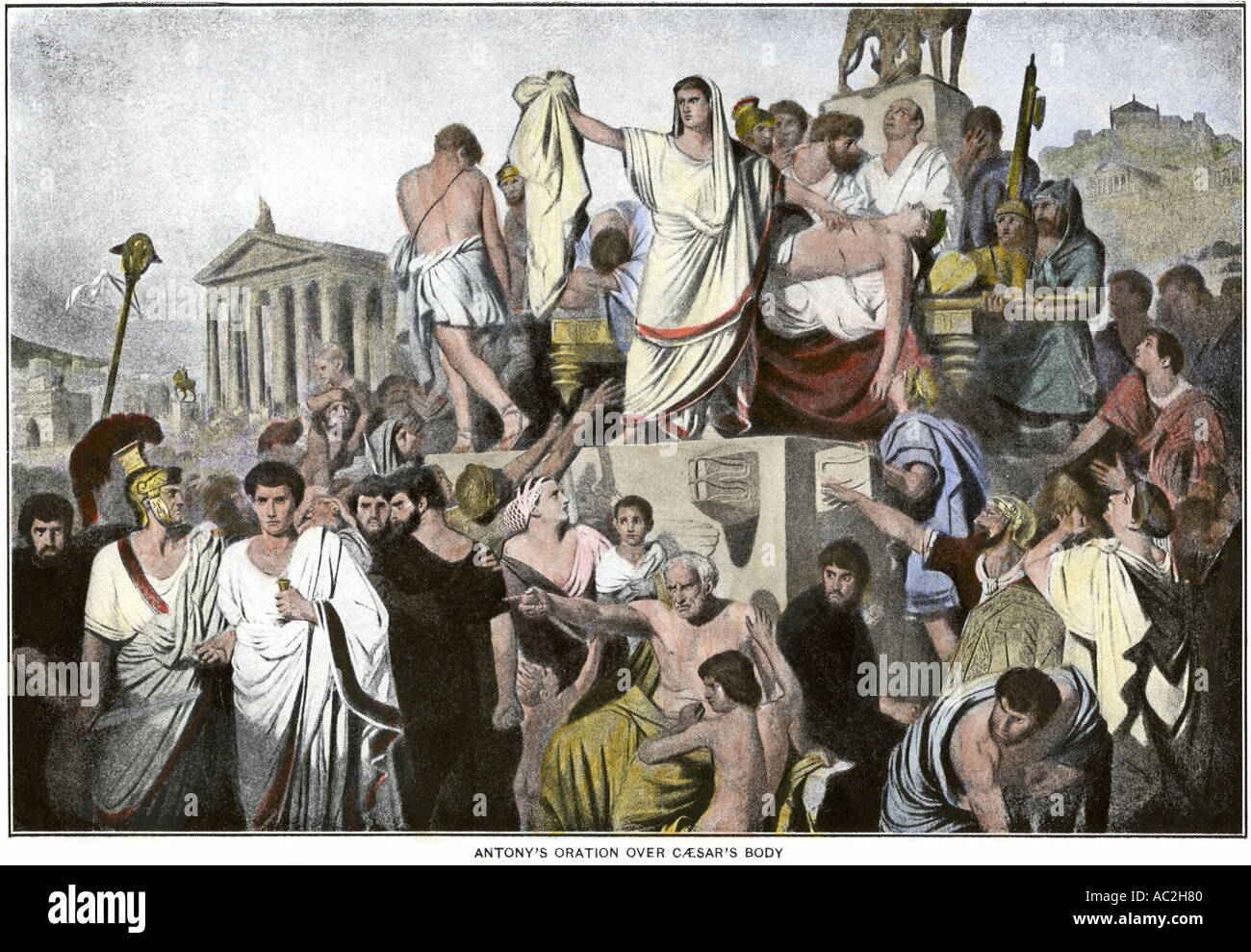 Marc Antony oration over the body of Julius Caesar ancient Rome. Hand-colored halftone of an illustration Stock Photo