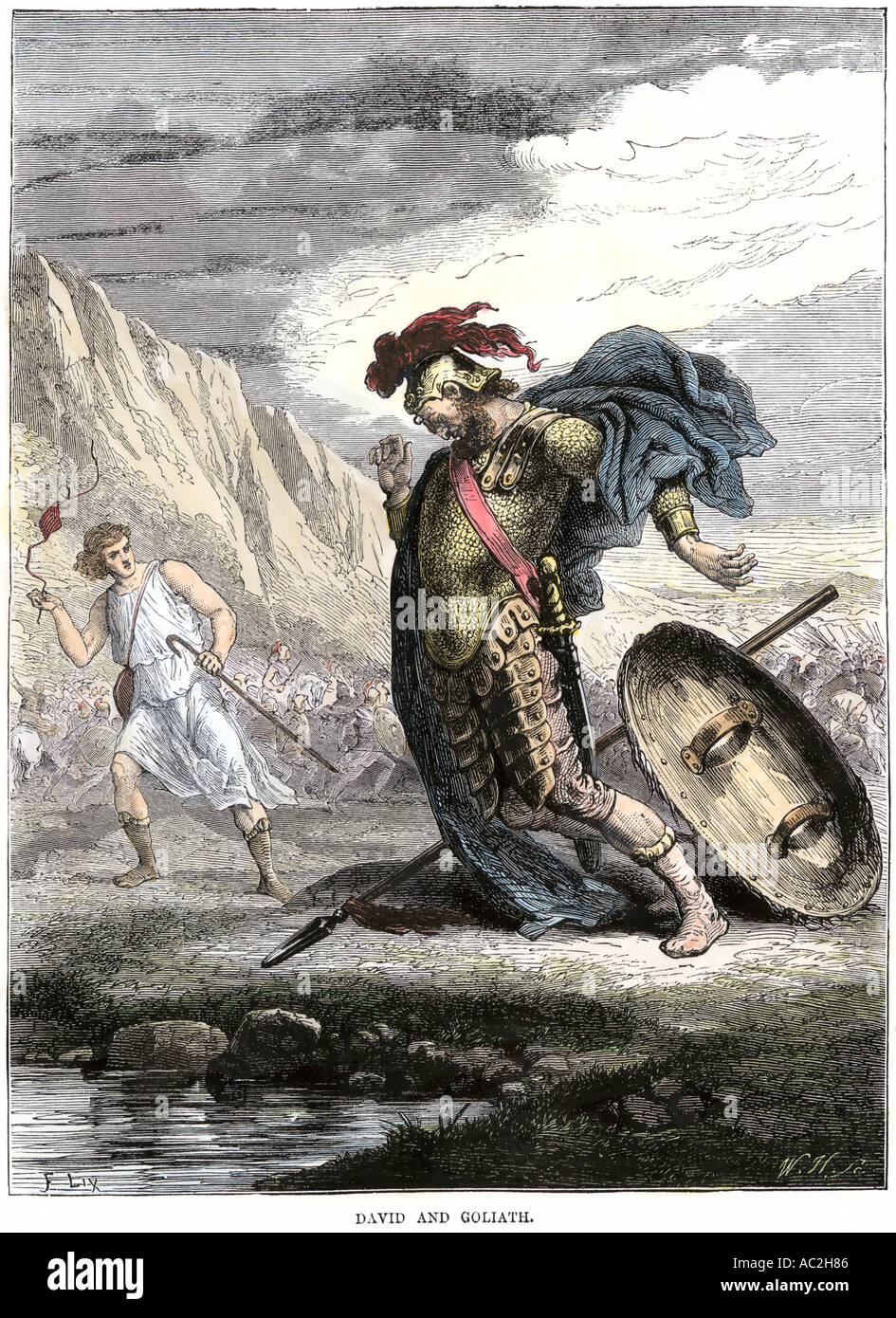 David using his sling to bring down the Philistine giant Goliath.  Hand-colored woodcut Stock Photo - Alamy