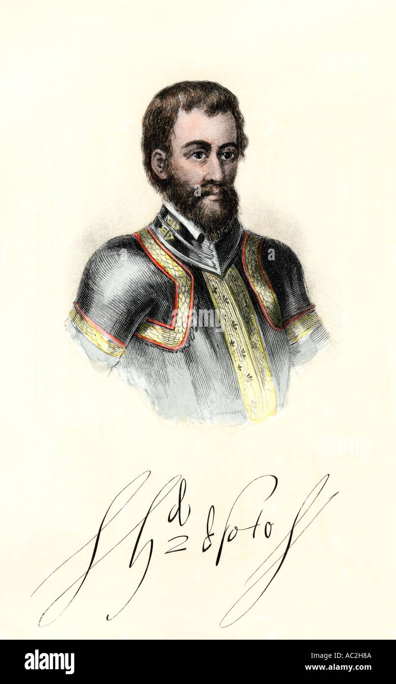 Spanish explorer Hernando de Soto with his signature. Hand-colored engraving Stock Photo