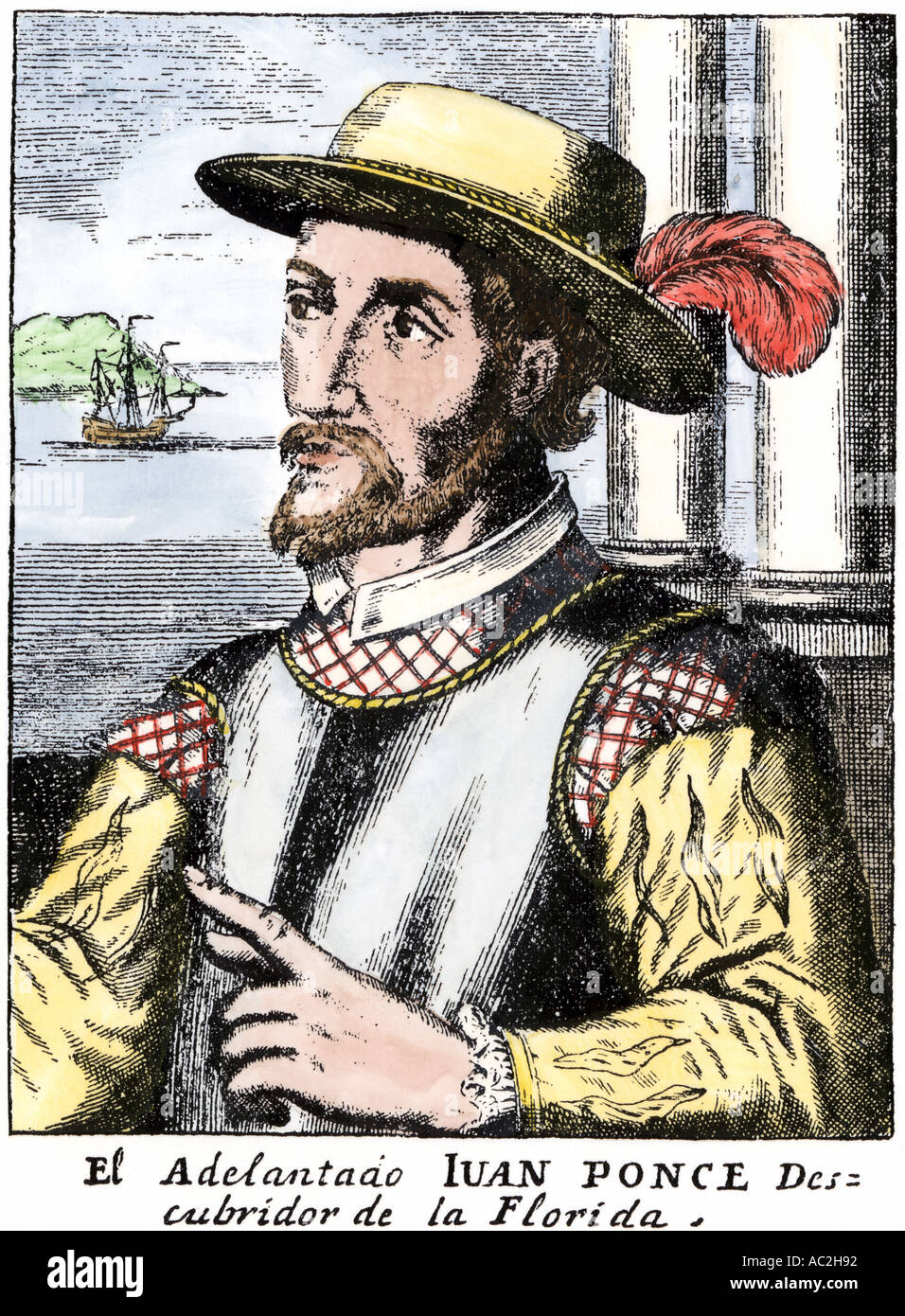 Spanish conquistador Juan Ponce de Leon. Hand-colored woodcut Stock Photo