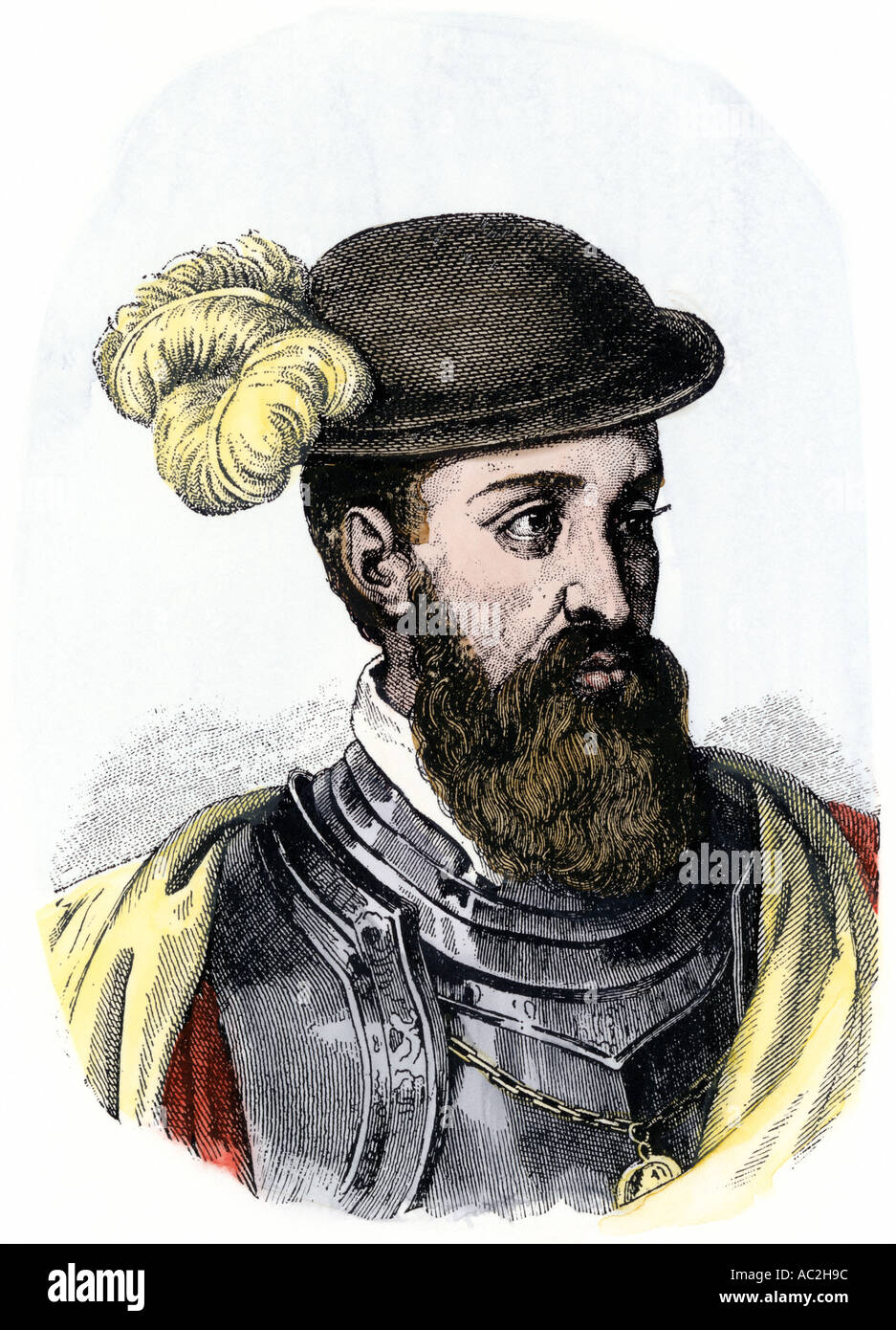 Spanish explorer Francisco Pizarro portrait. Hand-colored woodcut Stock Photo
