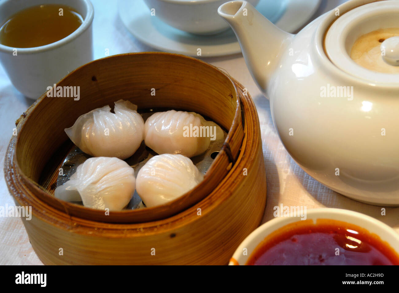 Dim Sum prawn dumplings served at Chinese restaurant in Chinatown Stock Photo