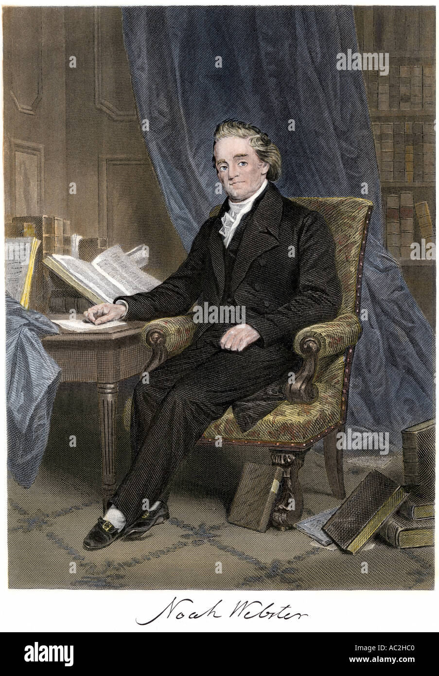 Noah Webster American lexicographer surrounded by books. Hand-colored steel engraving Stock Photo