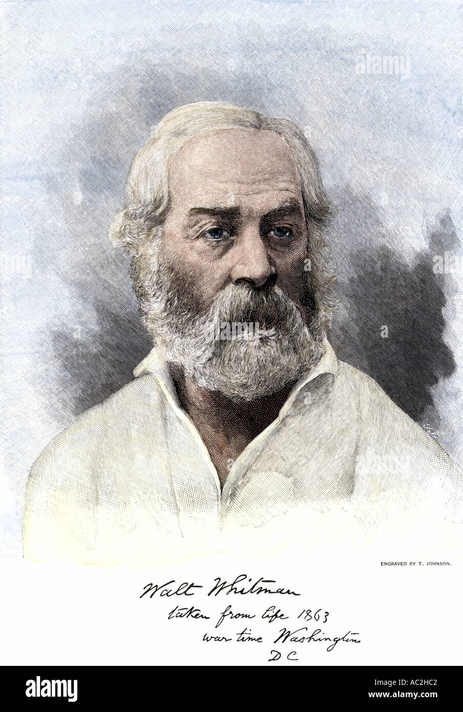 Walt Whitman with autograph portrait from his time in Washington DC during the Civil War 1863. Hand-colored woodcut Stock Photo