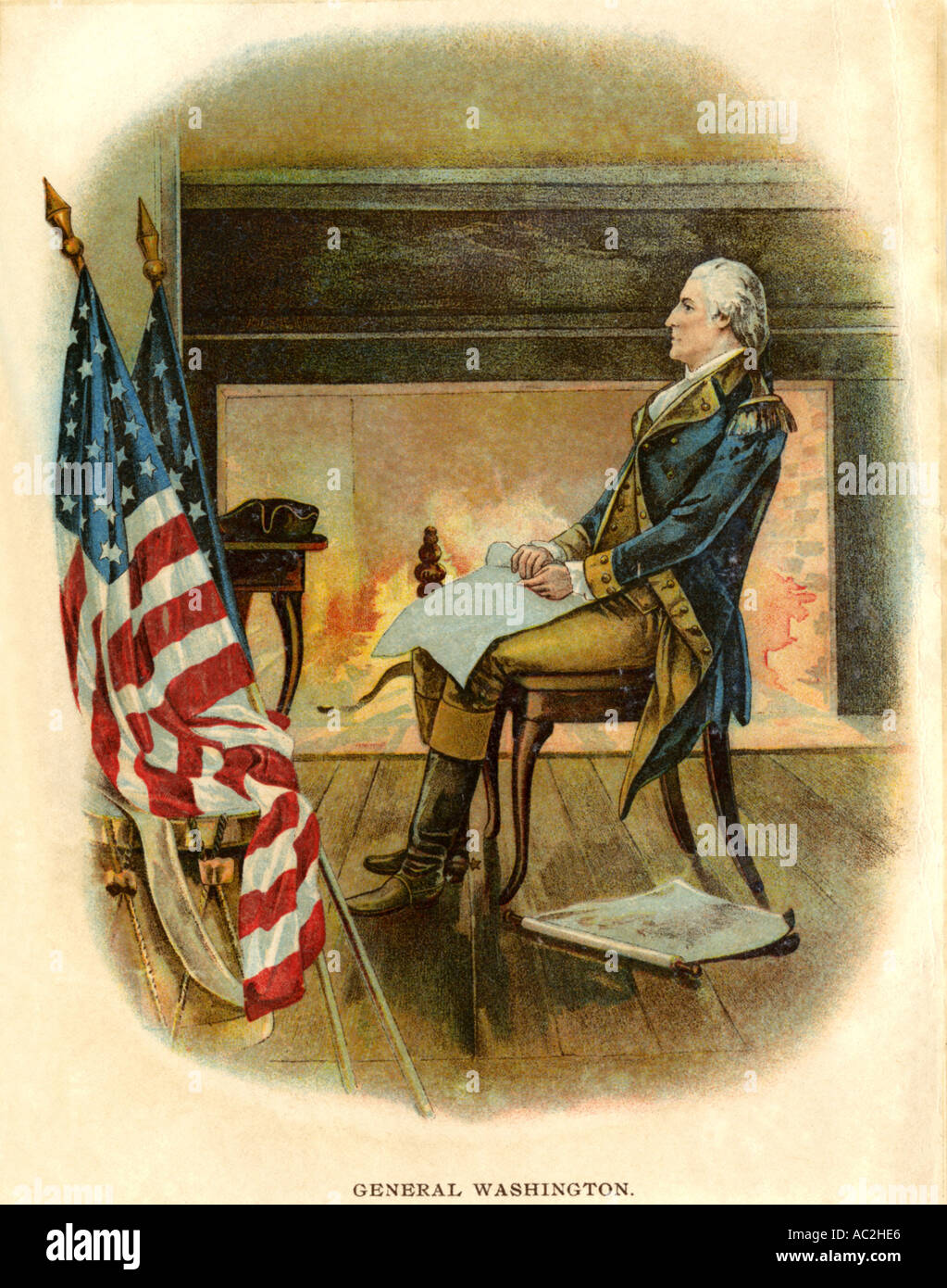 General George Washington seated before a fireplace. Color lithograph Stock Photo