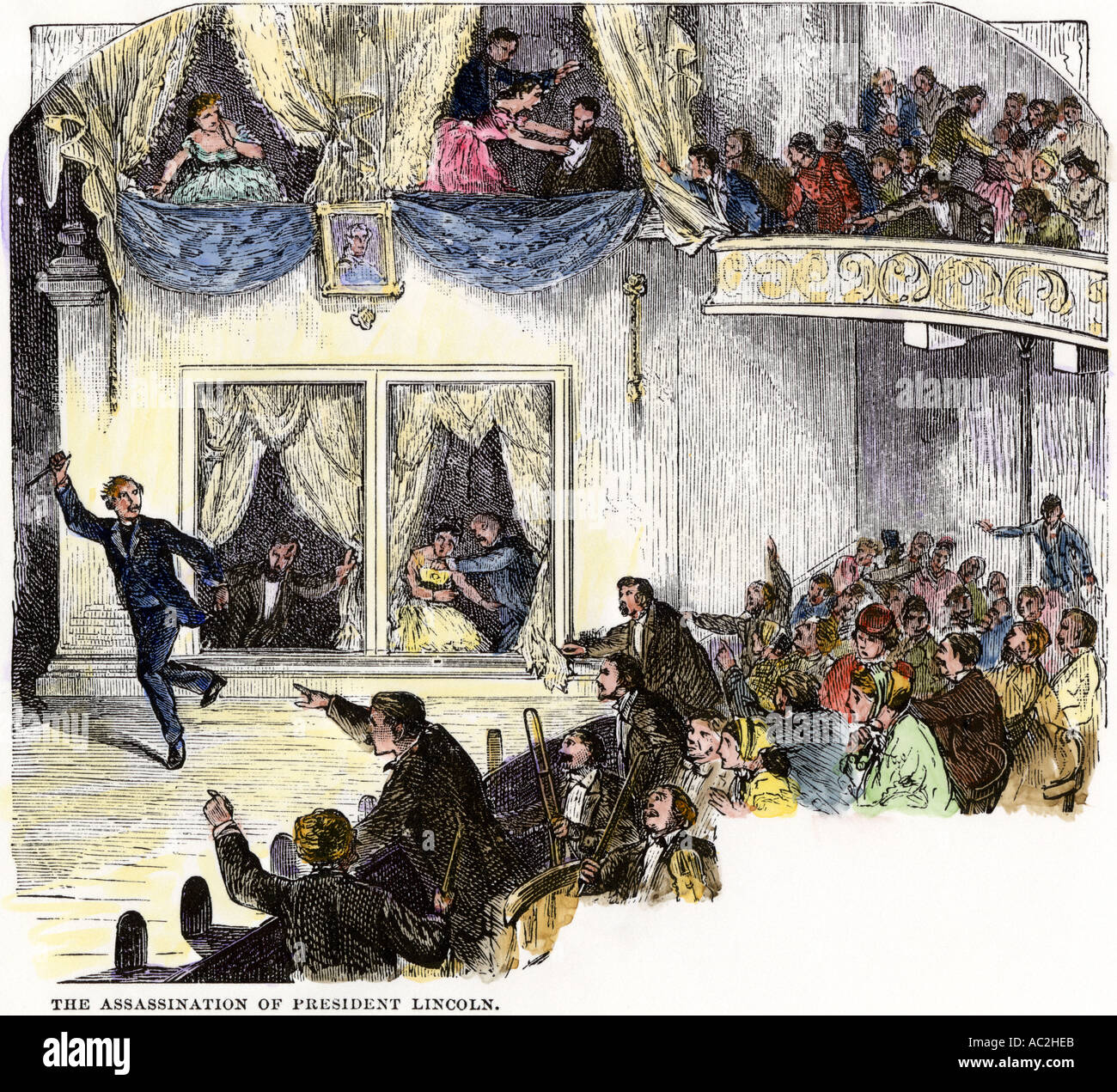 Assassination of President Abraham Lincoln with John Wilkes Booth fleeing across the stage of Fords Theater Washington DC 1865. Hand-colored woodcut Stock Photo