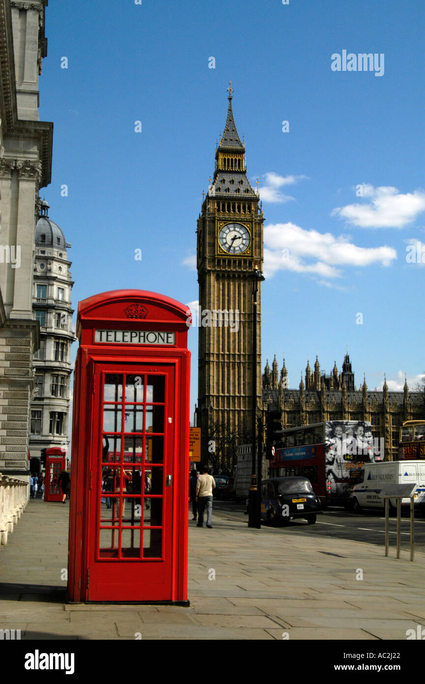London red telephone box and Big Ben, Westminster, England, UK Stock