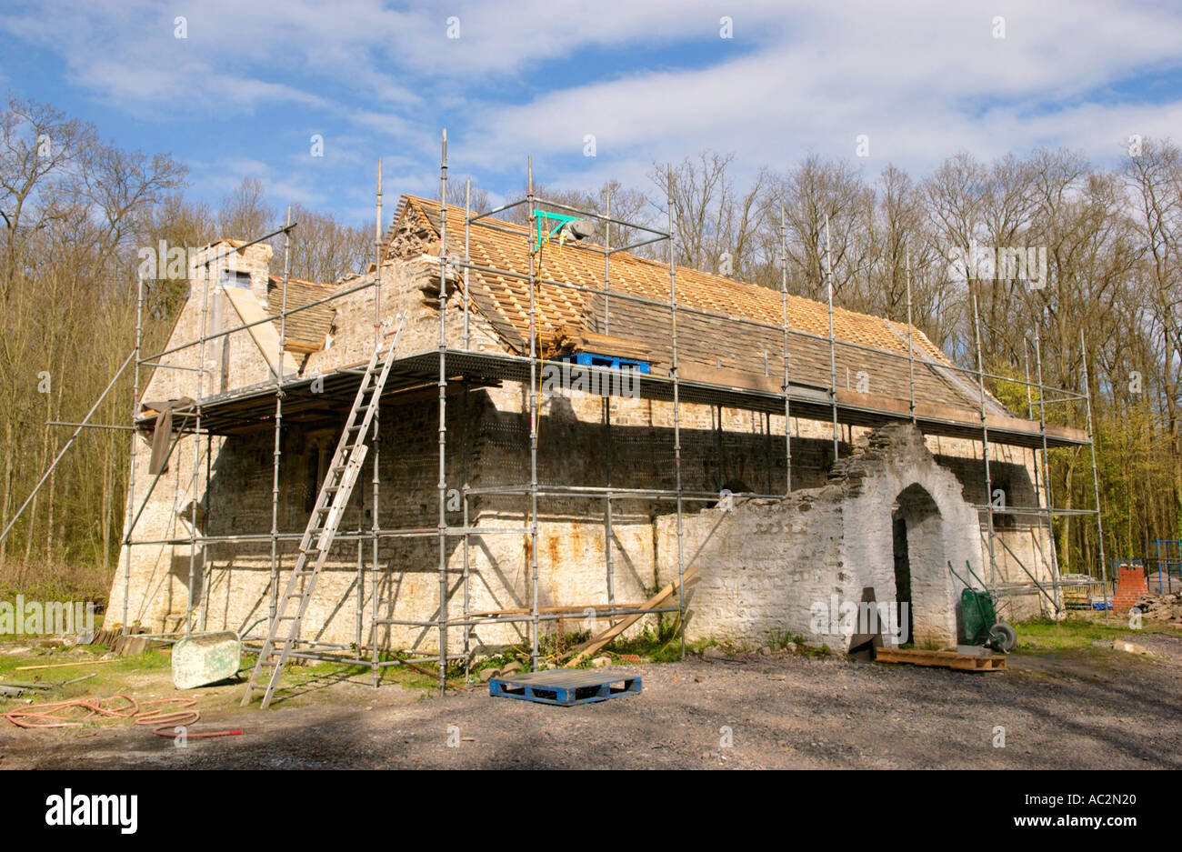 The 13th century St Teilos Church being rebuilt at the National Museum of Welsh Life St Fagans Cardiff Wales UK Stock Photo