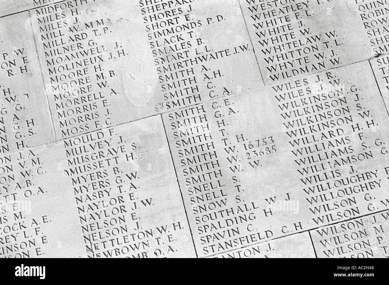 Names of thousnads missing from the battle of the Somme during WWI at Thiepval Monument in Northern France Stock Photo
