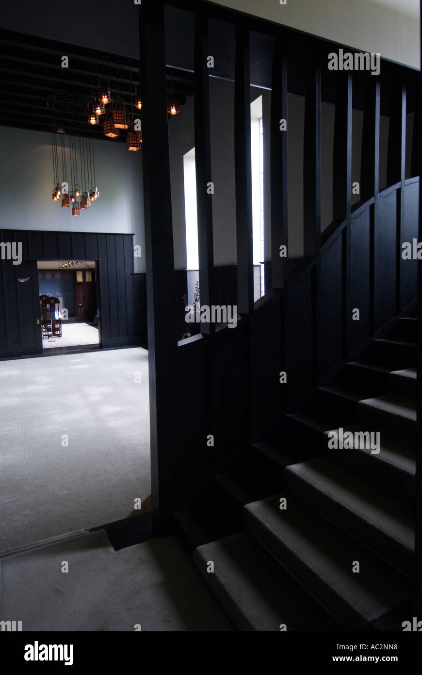 Entrance hall and stairway in The House for an Art Lover designed by Charles Rennie Mackintosh in Glasgow Stock Photo