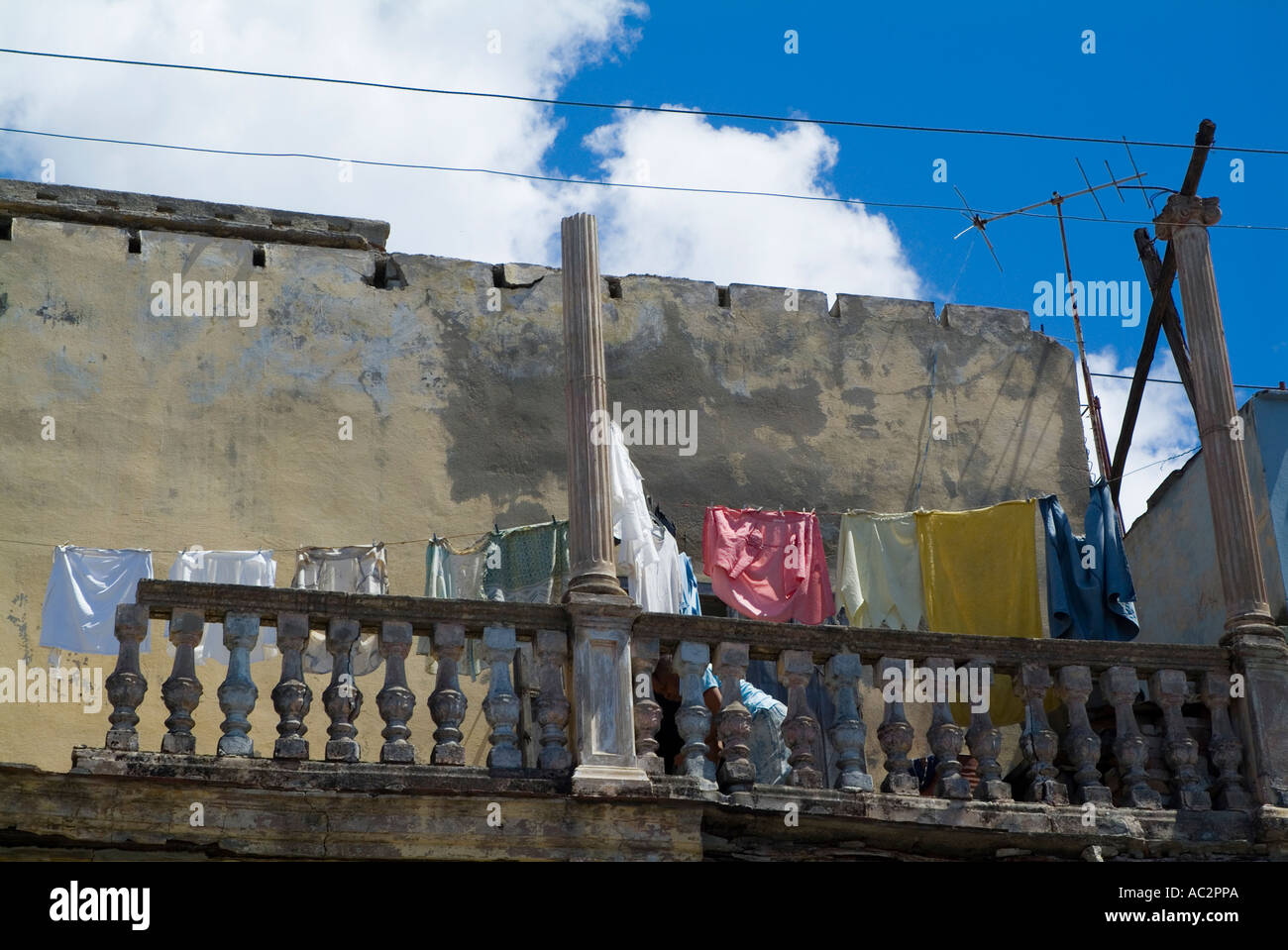 Drying laundry on a damaged balcony Cienfuegos Cuba Stock Photo