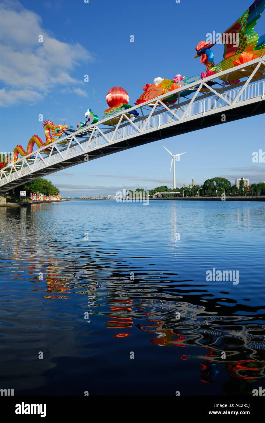 Chinese Lantern festival reflections at Ontario Place footbridge over