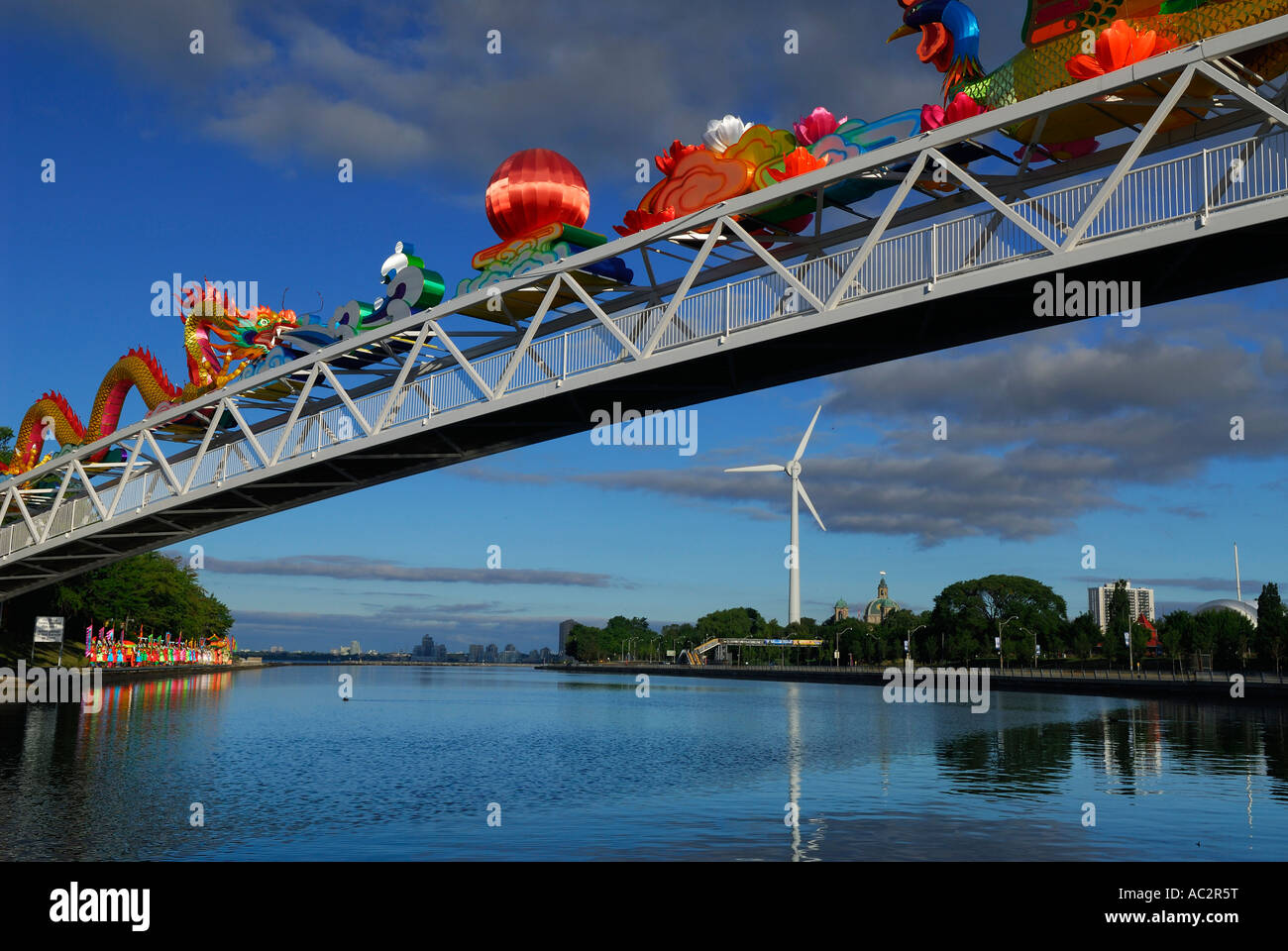 Colorful Chinese Lantern Festival figures on Ontario Place footbridge