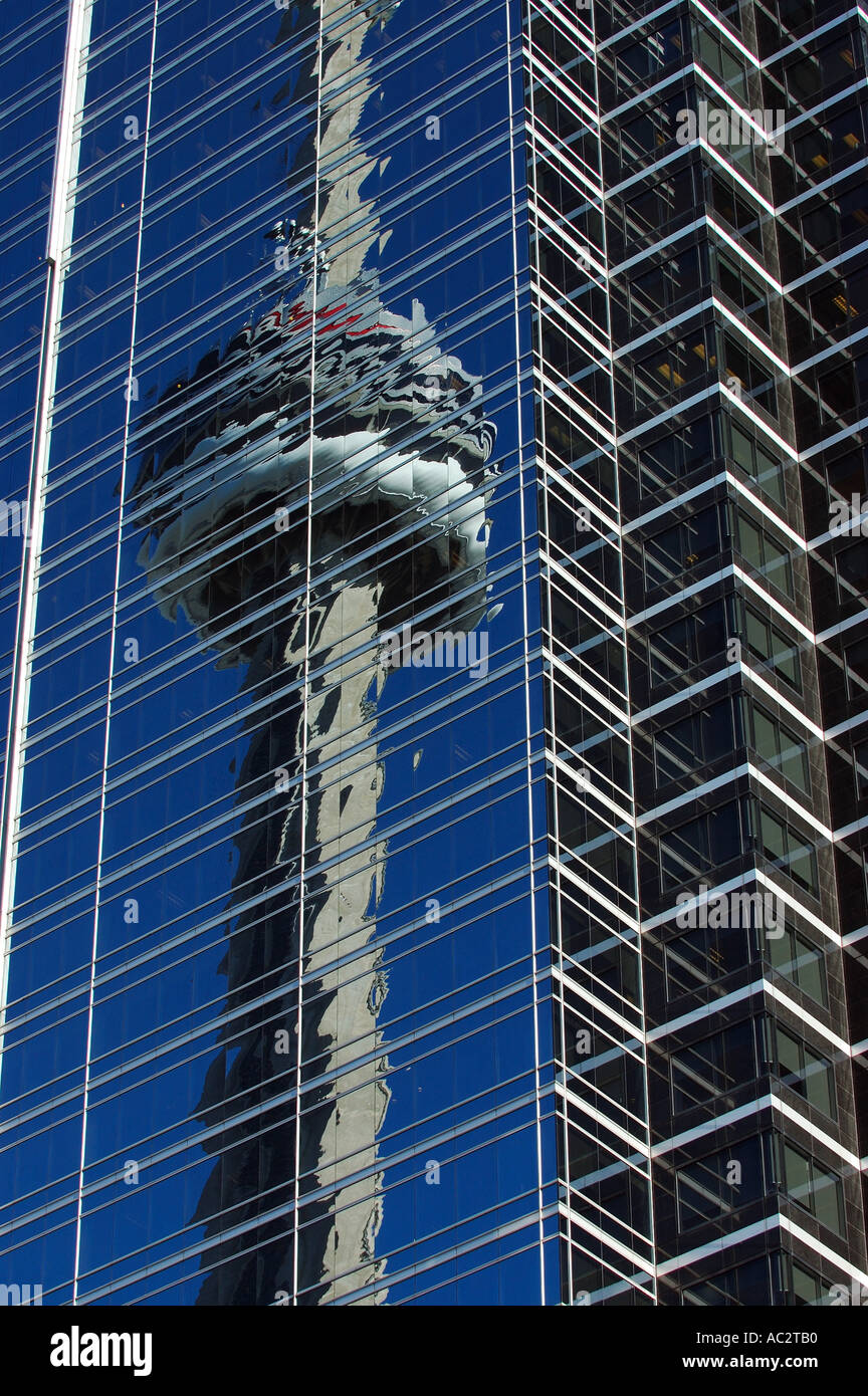 CN tower reflected in Simcoe Place glass highrise building Toronto Stock Photo