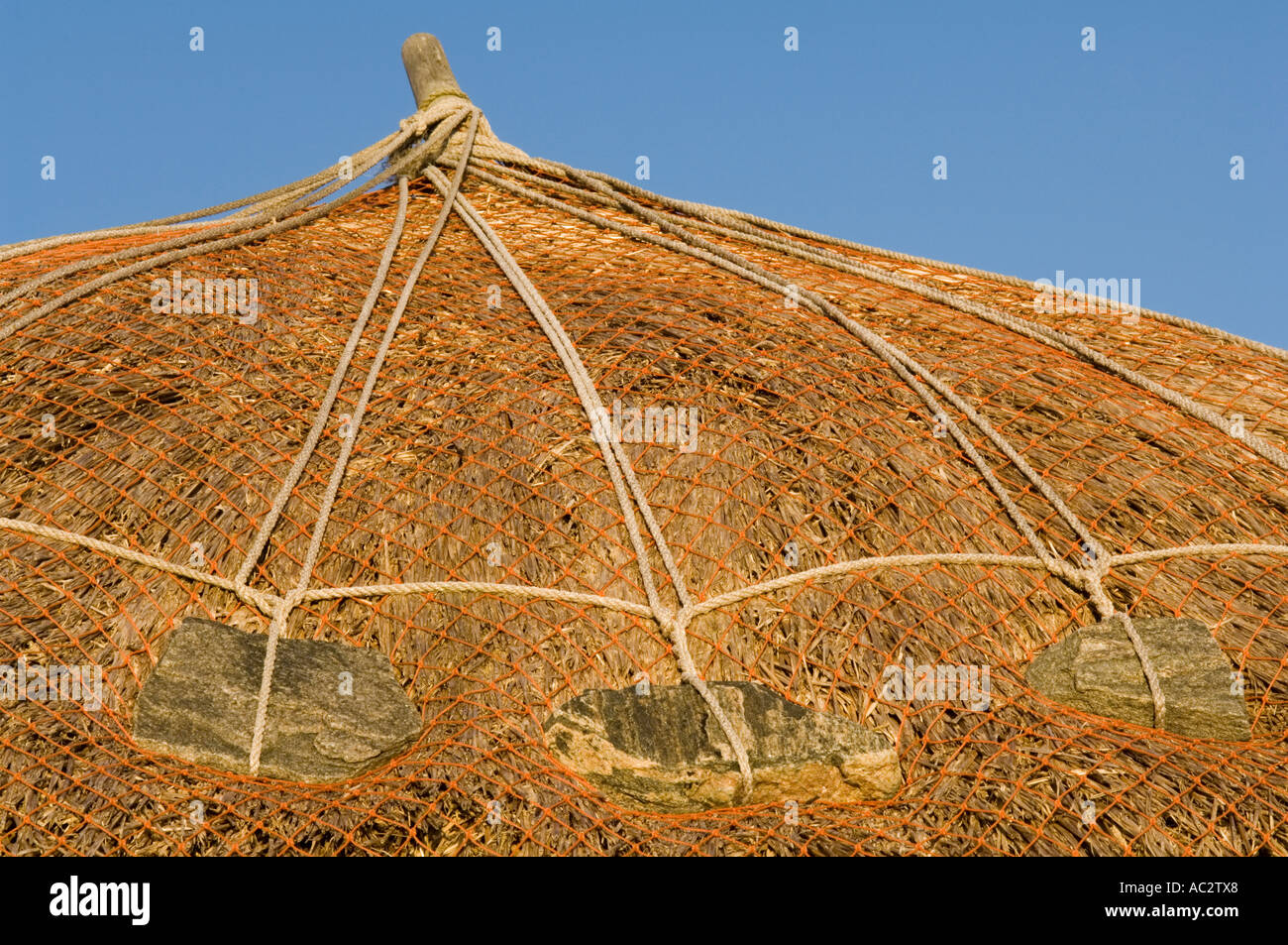 Detail, roof of traditional thatched blackhouse on the  coast of West Lewis, Gearrannan village, Outer Hebrides, Scotland, UK Stock Photo