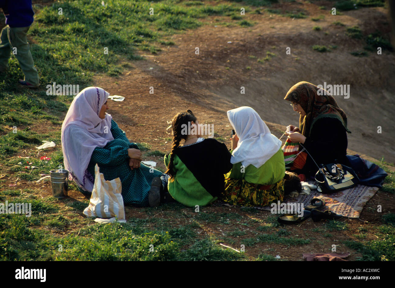 Syria aleppo alep four girls and women having rest on a lawn Stock Photo