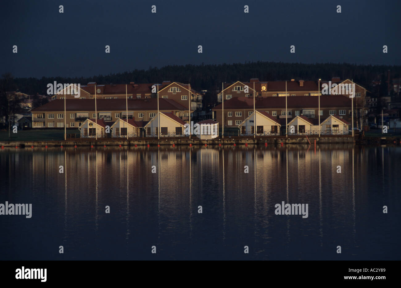 Waterfront buildings in Harnosand, Sweden Stock Photo