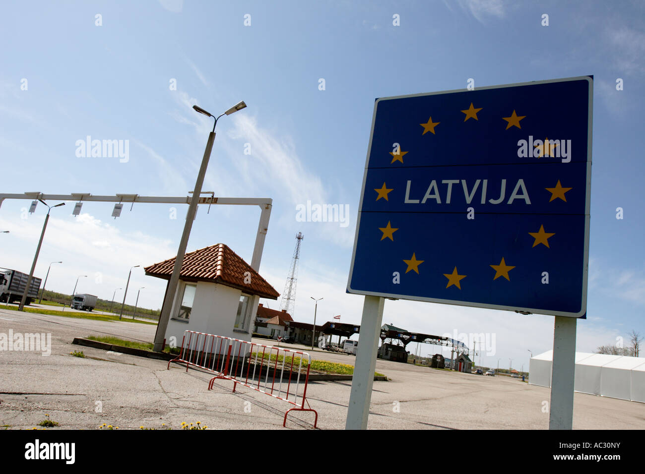Latvija (Latvia) is seen on a road sign on the estonian-latvian border Stock Photo