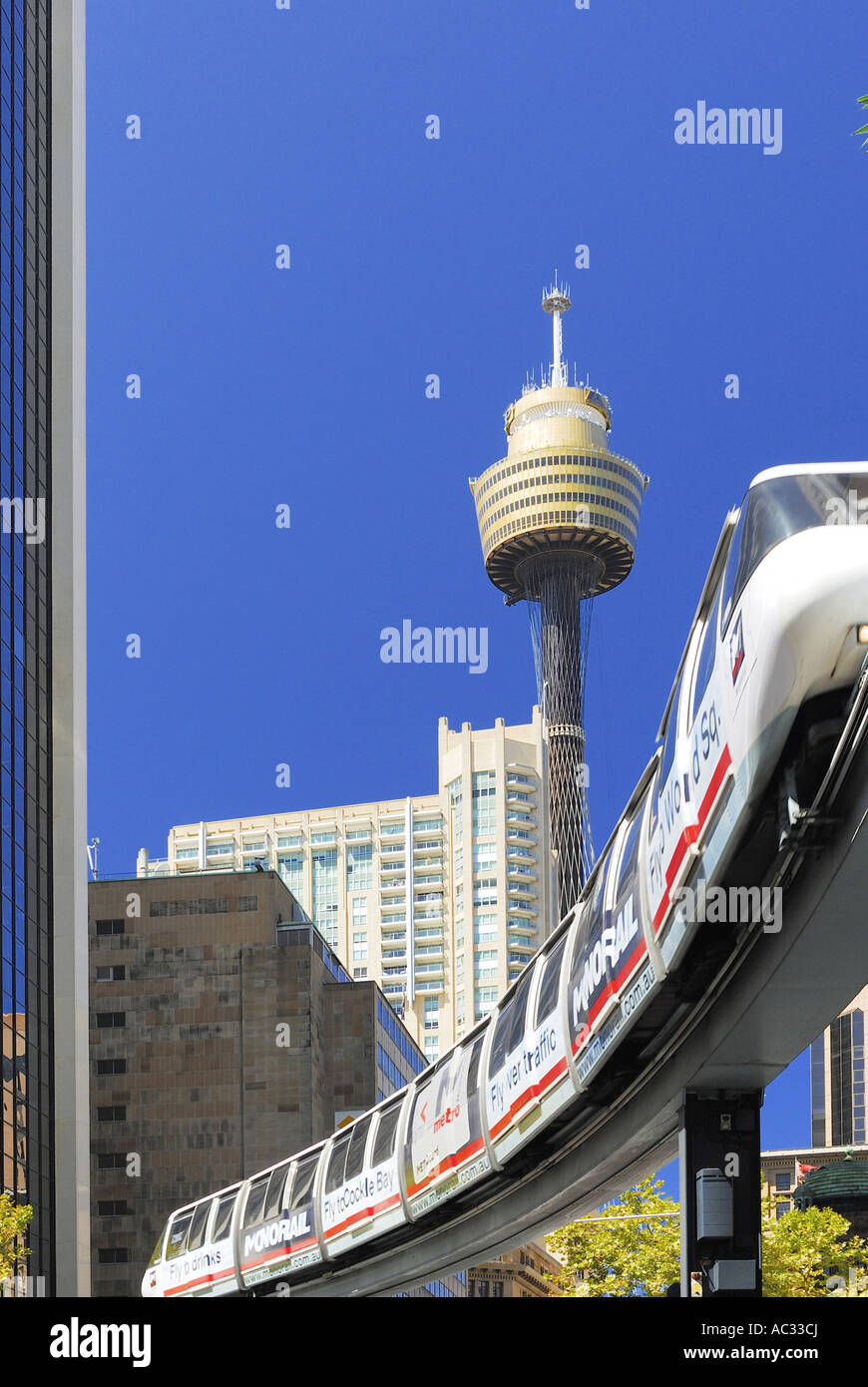 Monorail - railway with Sydney Tower, Australia, New South Wales, Sydney Stock Photo