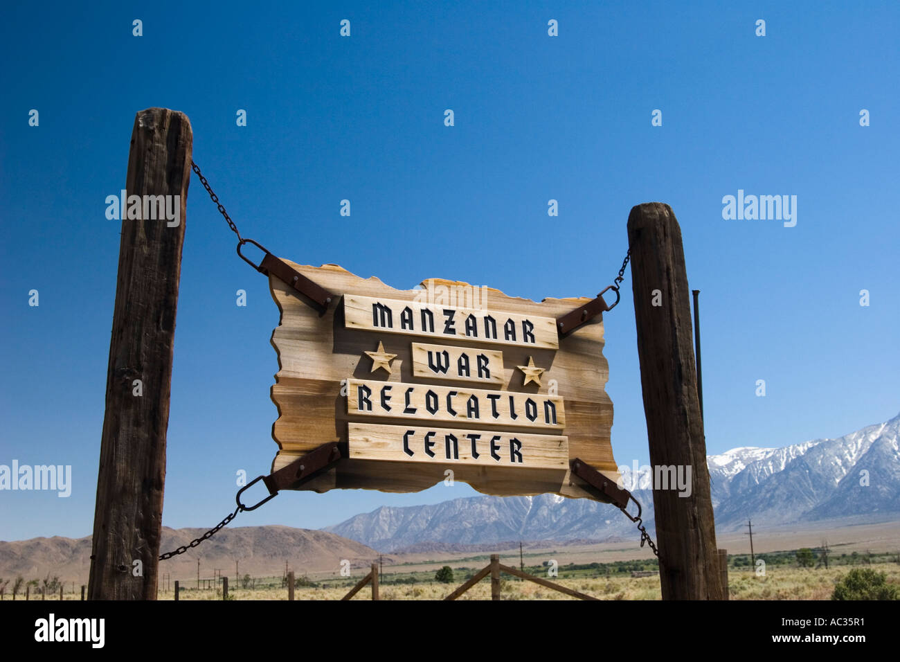 Manzanar War Relocation Center signboard at Manzanar National Historic Site Inyo County California Stock Photo