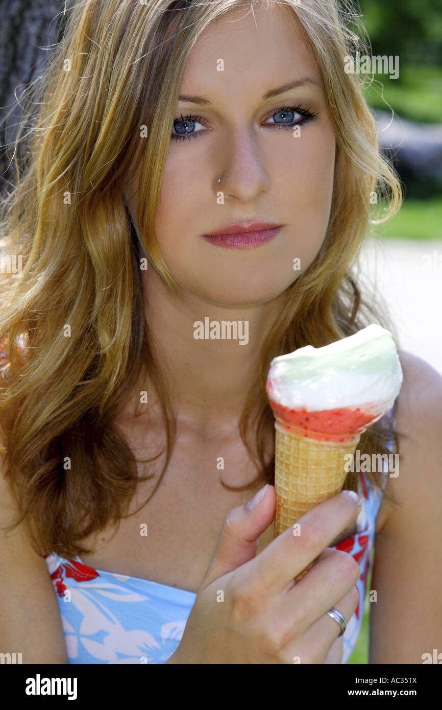 young woman with ice cream, Austria Stock Photo