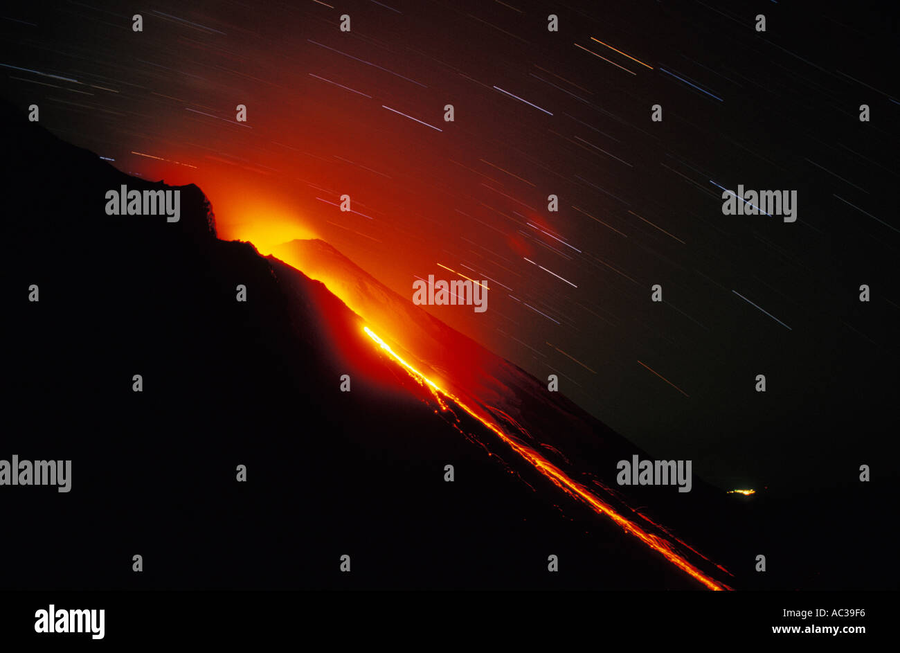 Lava flows from Stromboli volcano at night Stock Photo