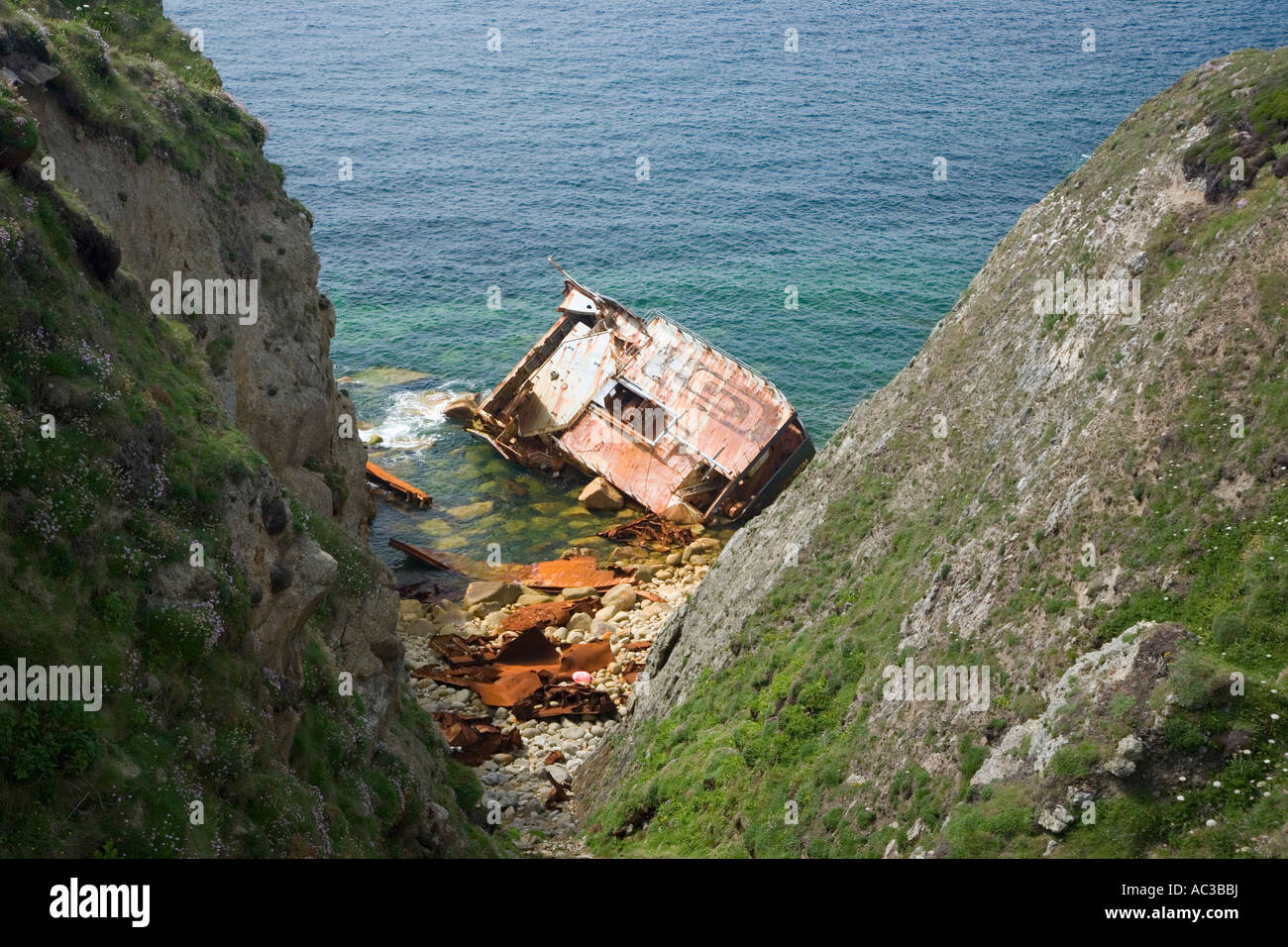 Wreck of the RMS Mulheim at Castle Zawn between Land s End and Sennan Cove Cornwall England Stock Photo