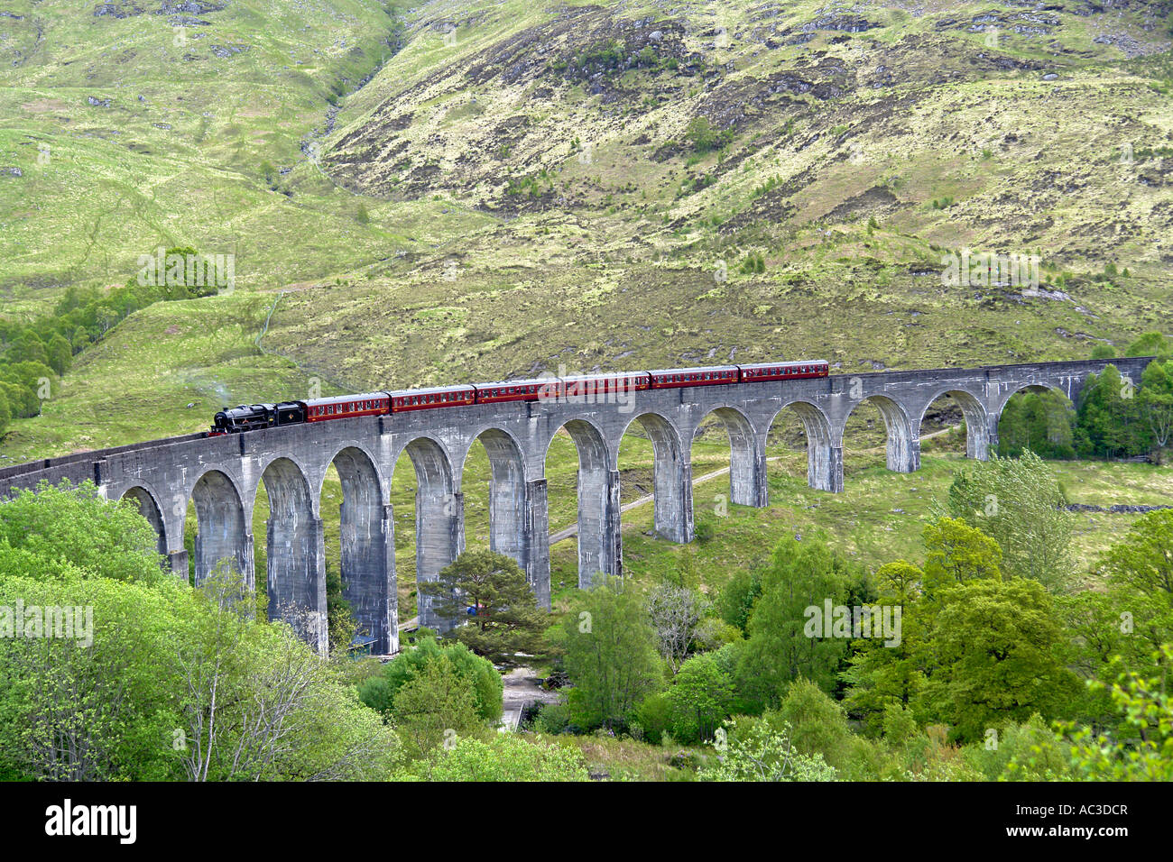 West Coast Railways operated Jacobite steam train crossing the Glenfinnan  Viaduct en route to Mallaig from Fort William Stock Photo - Alamy