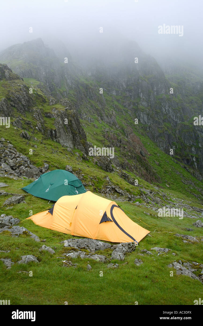 Tents in the Mist on a Mountainside Snowdonia National Park Wales Stock Photo
