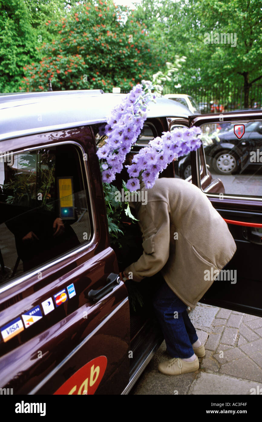 England, Chelsea Flower Show, Women leaving the show in a taxi with a delphinium Stock Photo