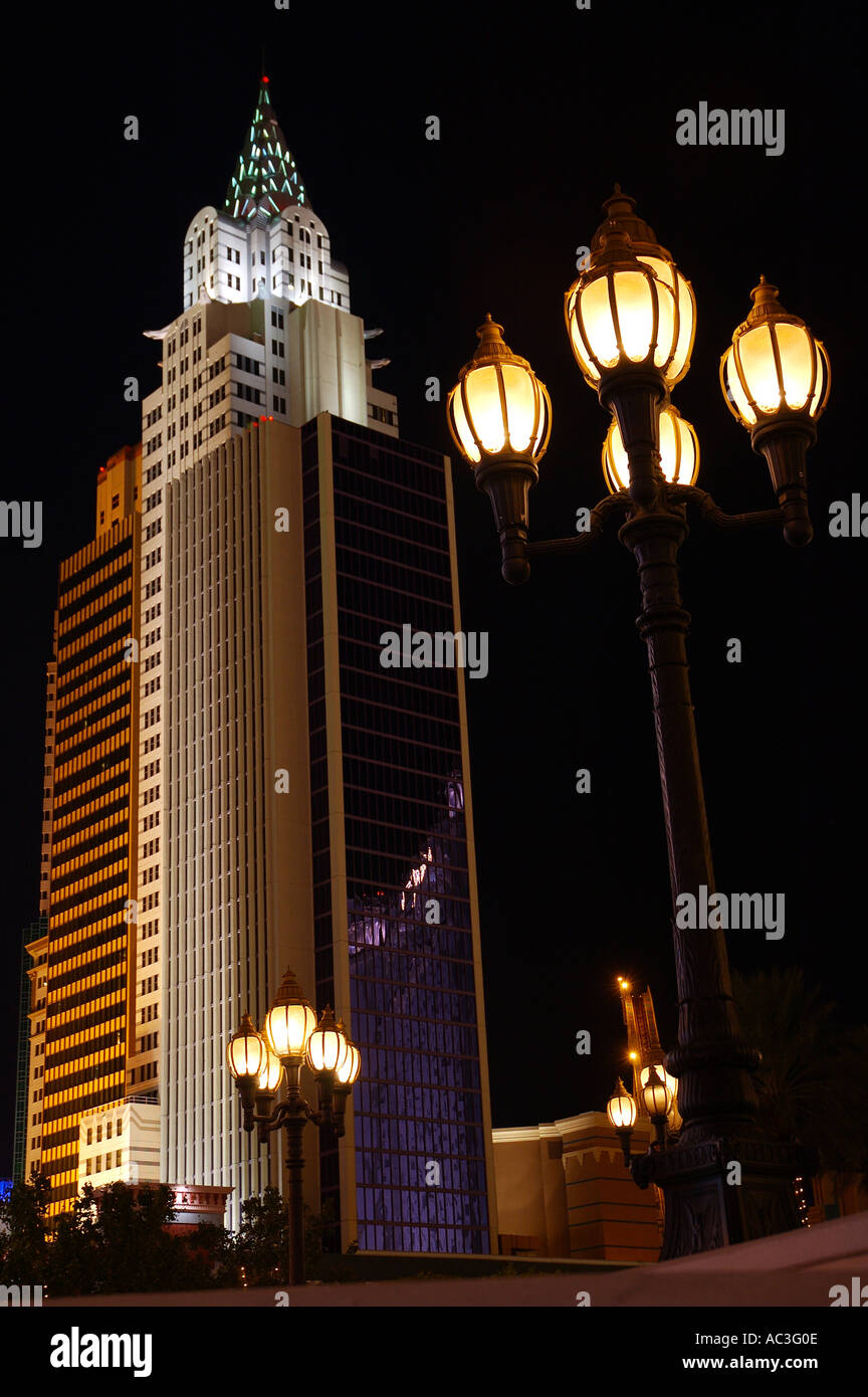 New York replica and street lamps at night in Las Vegas Nevada USA