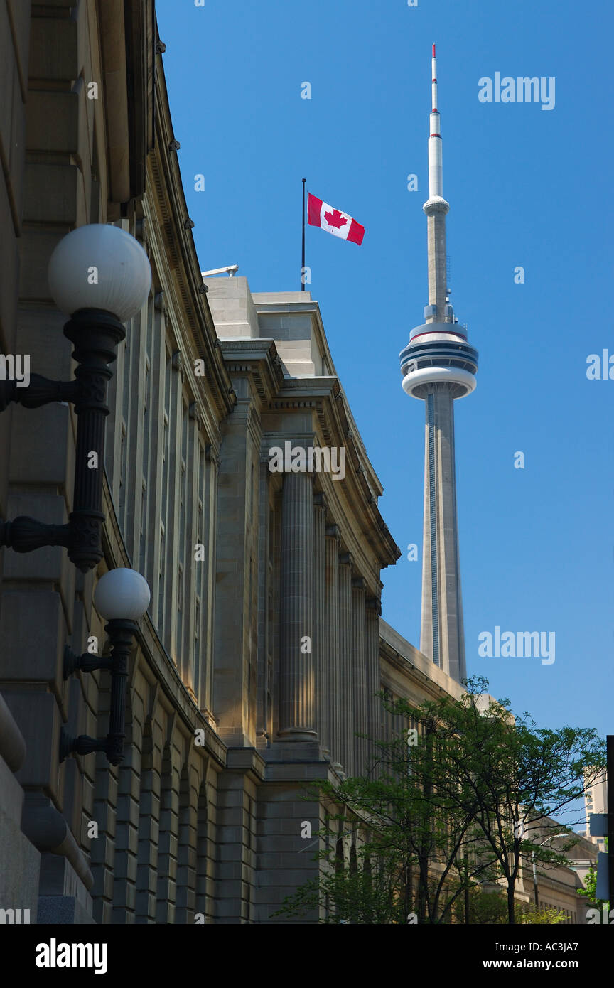 Toronto CN tower with Canadian flag at Union Station Stock Photo