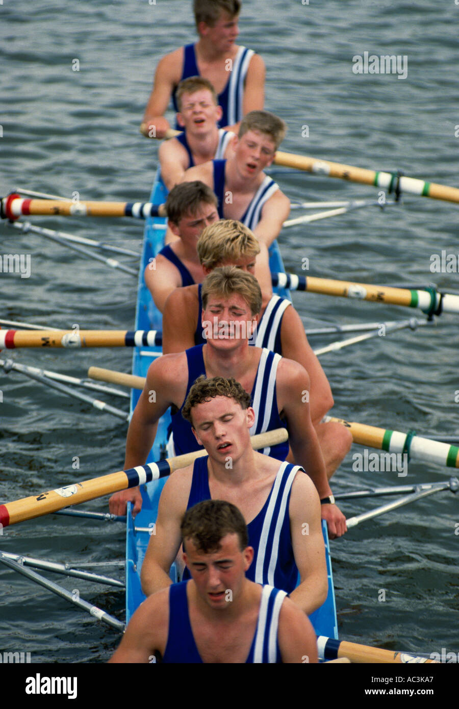 Henley Regatta rowers exhausted as they cross the finish line Henley on Thames Oxfordshire Stock Photo