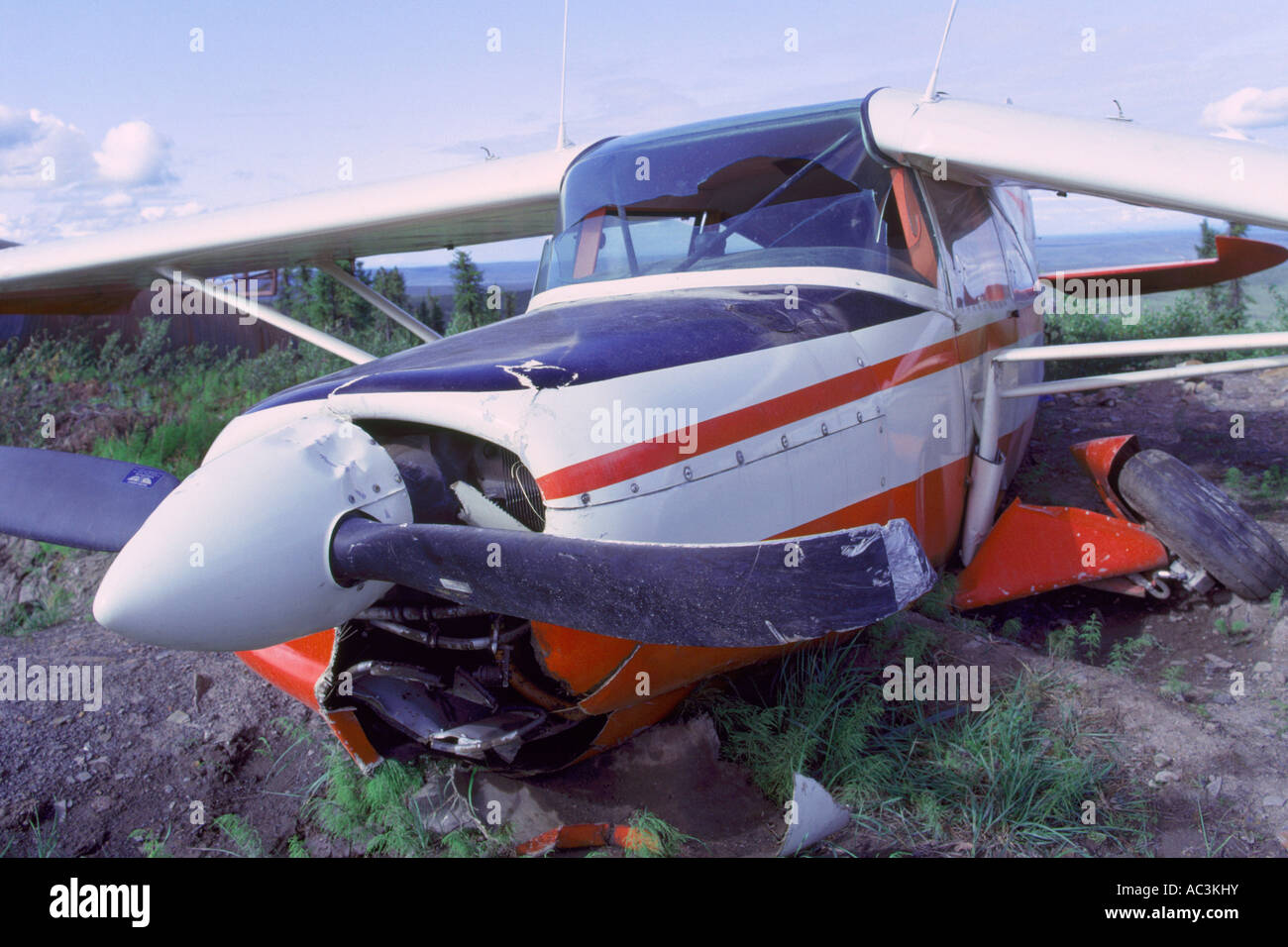 Aviation Accident, Plane Crash, Airplane Wreckage of a Small Single Engine Aircraft after crashing at Emergency Landing Site Stock Photo